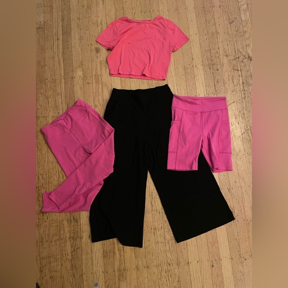 J. Crew leggings, bike shorts, crop top, wide leg crop pants set pink